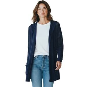 Eddie Bauer Women's Cardigan Sweater M Blue Open Knit Hooded Duster Long Sleeve